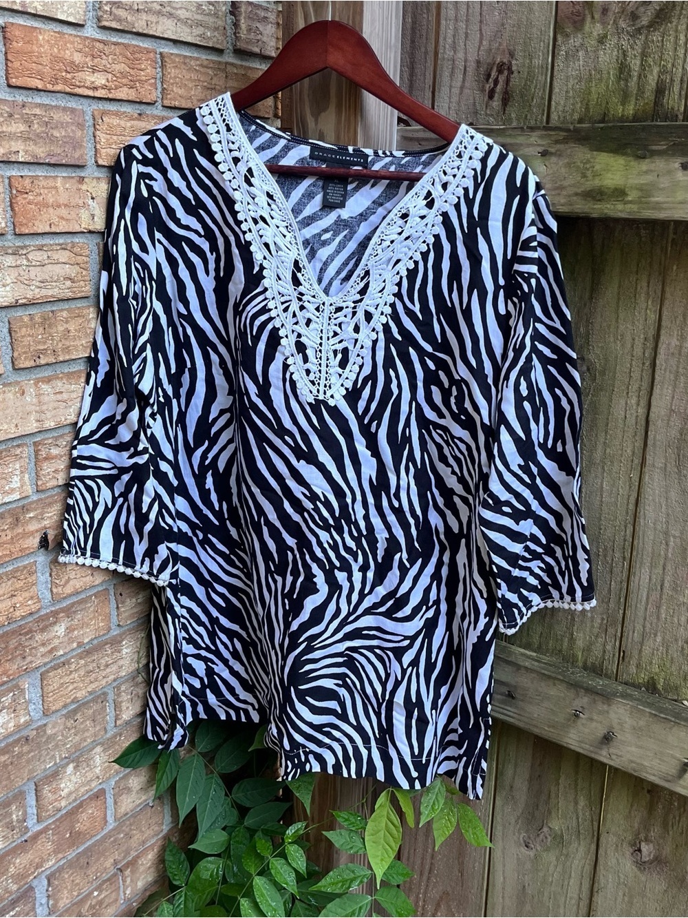 Grace Elements Black and White Zebra Print Tunic with Crochet V-Neck Linen Blend